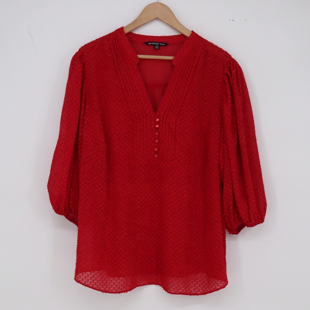 Zac & Rachel Blouse Womens 2X Clipped Dot Red Pintuck V-Neck Balloon Sleeve EX